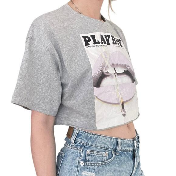 Playboy x Missguided Grey Cropped Short Sleeve Graphic Tee - Picture 2 of 7